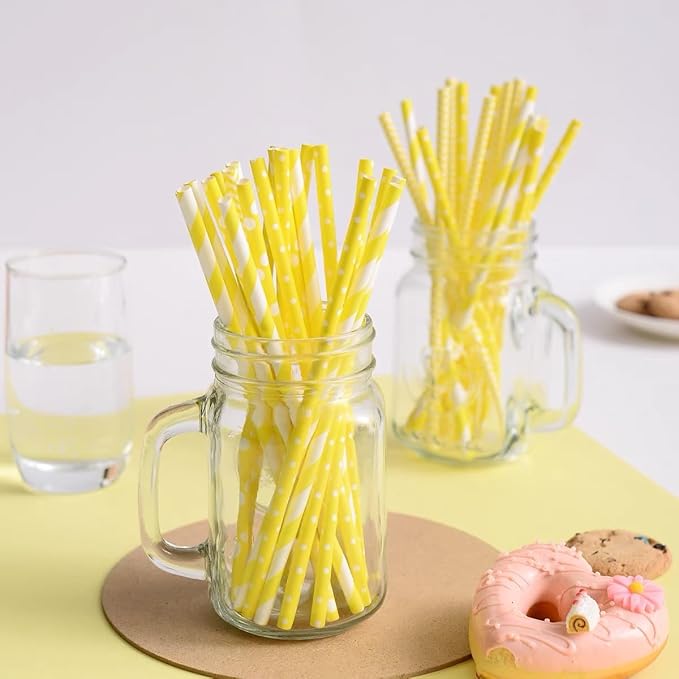 Yellow White Striped Paper Straws, Pack of 100 Disposable Yellow Lemon Drinking Straw for Cockatil, Cake Pop Sticks, Candy Sticks, Anniversary, Birthday Party Supplies
