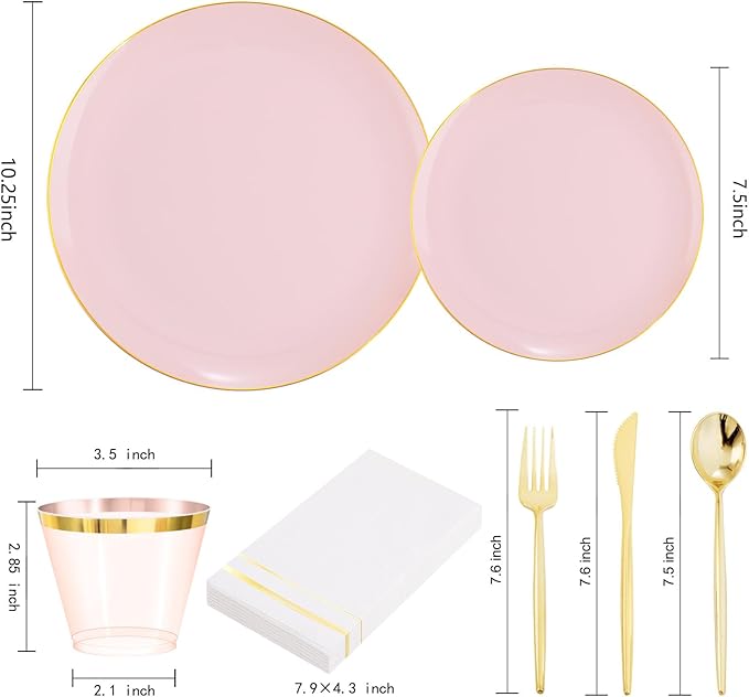MirthMood 210PCS Pink Plastic Plates with Gold Rim ??Plastic Plates Set Includes 30 Dinner,30 Dessert Plate,30 Cup&30 Napkins 90 Gold Silverware for Wedding&Birthday Parties&Mother's Day