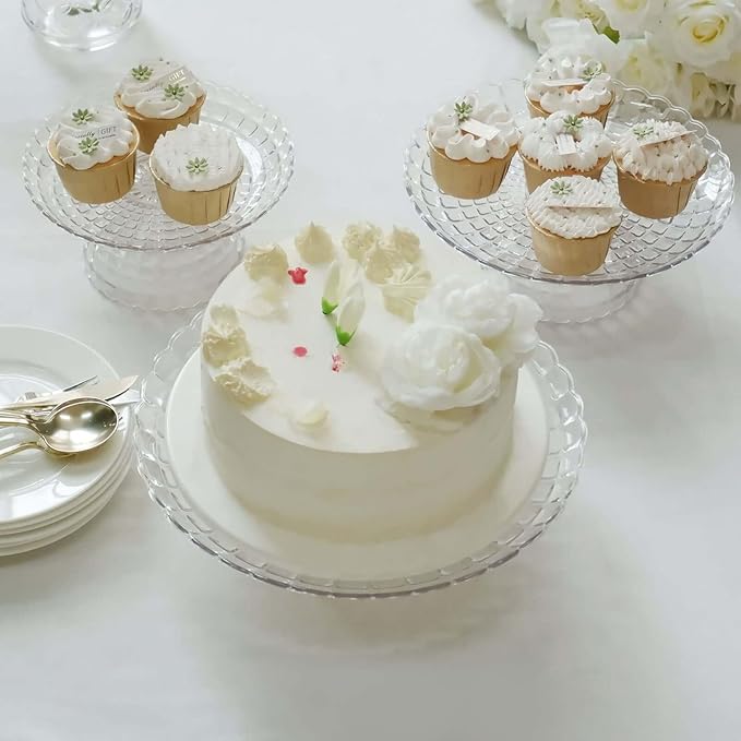 Efavormart Set of 3 | Clear Contemporary Pressed Plastic Stackable Cupcake Stands, Dessert Cake Pedestal Displays - 8", 10", 12"
