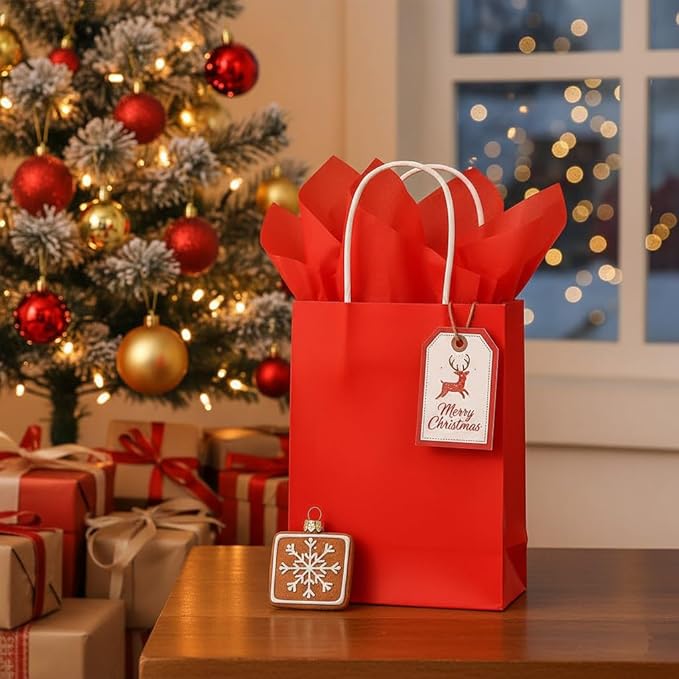 SUNCOLOR Red Gift Bags with Tissue Paper, 24 Pack Small Kraft Paper Shopping Bags with Handles, 7.9x5.12x3.15 Inches, for Christmas, Valentine's Day, Birthdays, Anniversaries