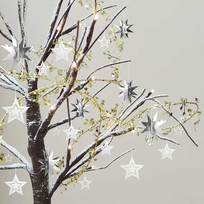 Glitter Silver Star Garlands Kit Metallic 3D Star Hanging Paper Garland Multi-shaped Twinkle Star Birthday Party supplies Wedding Baby Shower Christmas Decorations for Nursery Kids Boys Girls Room