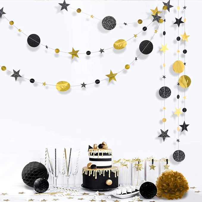 Cheerland Black and Gold Party Decorations Star Garlands Gold Black Birthday Decorations Hanging Star Streamers Graduation Decor NYE New Year Eid Ramadan Galaxy Starry Night Party Supplies