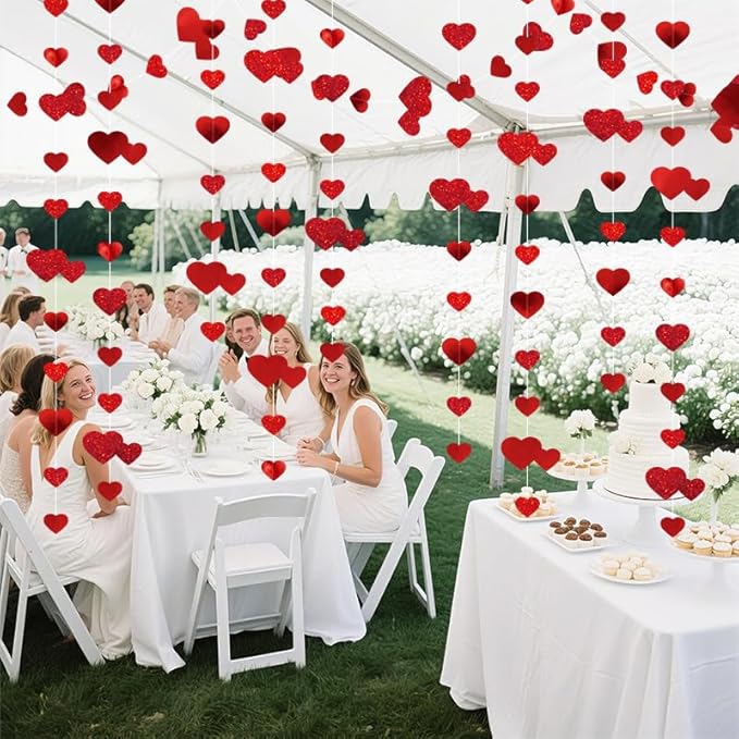 Red Heart Garland Hanging Sparkling Love Streamer Glitter Bunting Banner Twinkle Heart Backdrop for Wedding Engagement Valentines Galentines Birthday Party Decor 40 Feet