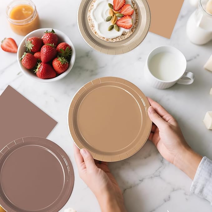 Oigco 60 PCS Brown Paper Plates Boho Baby Shower Decorations Gradient Brown Plates and Napkins for Birthday Wedding Boho Baby Shower Bridal Shower Party Supplies
