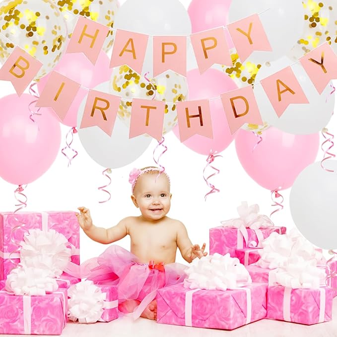 Happy Birthday Banner, Pink Birthday Decoration, 16 pcs 12 inch Happy Birthday Balloons with 2 Ribbons for Girl and Women Birthday Party Decoration