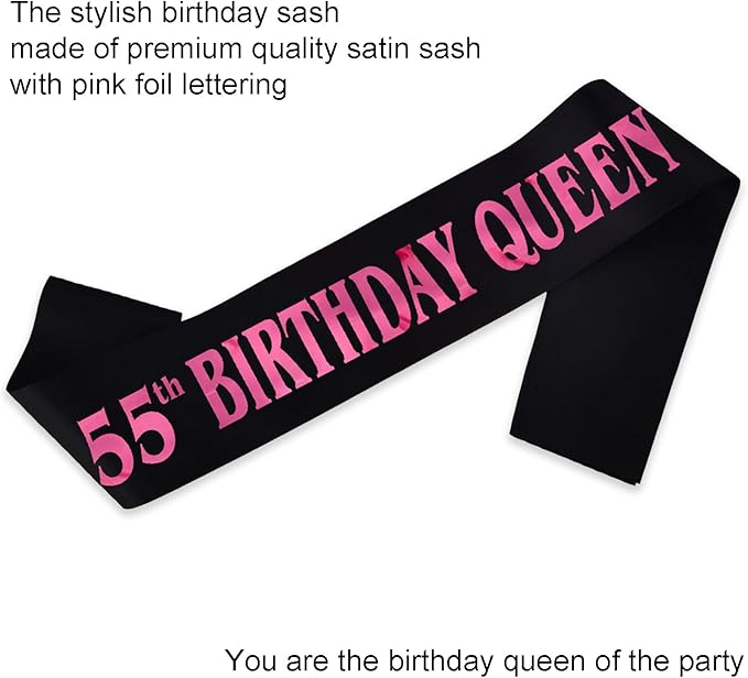 55th Birthday Queen Sash, Pink Foil Black Satin Birthday Sash for Women 55th Fabulous Birthday Party Gift Decorations Favors