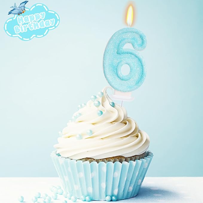 Blue Birthday Candles - Number 6 Candle for 6th Birthday Decorations for Girls Boys, Sky Blue Cake Decorations Sweet Theme Party Supplies