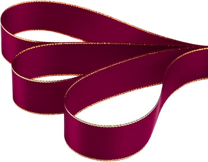1" Double Face Satin Ribbon with Gold Edge 25 Yards (275-Wine), Perfect for Gift Wrapping, Party Decor, Wedding and Craft
