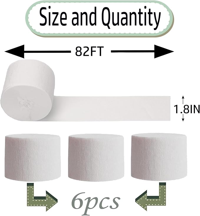 White Crepe Paper 6 Pcs Streamers for Party Decorations, Birthday Wedding DIY Crafts, Gift Wrapping Supplies