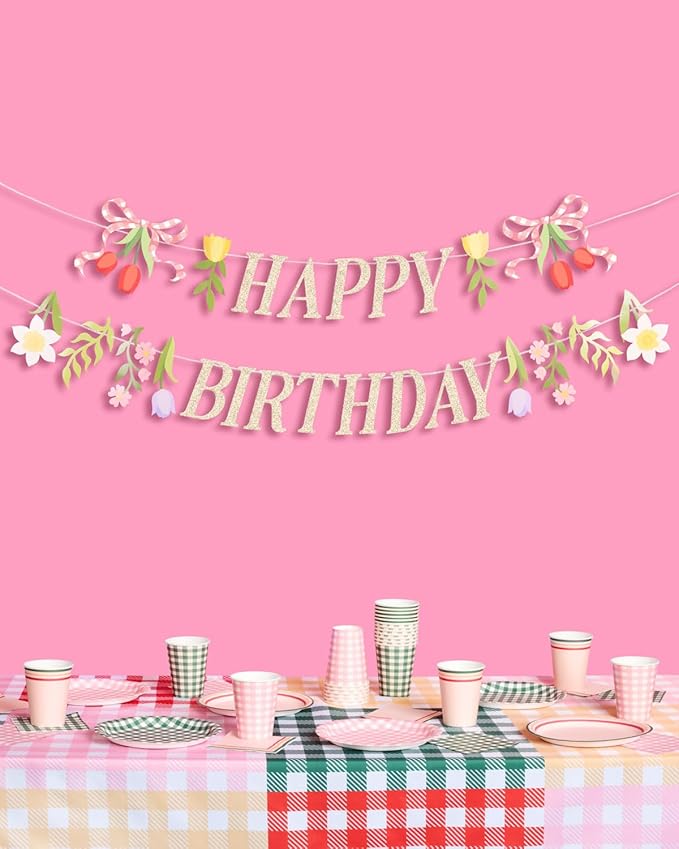 xo, Fetti Floral Happy Birthday Banner | Kids Party, Garden Theme, Tea Party Decorations, Tulips, Flower Garland, Pink, Farmers Market