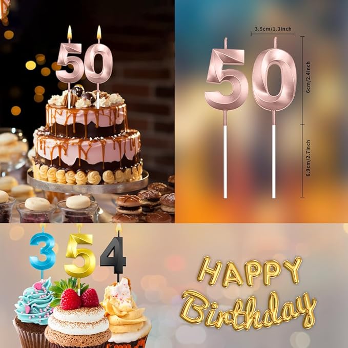 50th Candles Rose Gold, 50th Birthday Cake Topper with 50 Candles, Rose Gold Birthday Candles for Men & Women, 50 Birthday Decorations for Women Men Purple