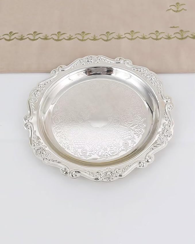Round Decorative Tray 5.9in Metal Dessert Plates Vintage Coffee Table Tray for Snacks Fruit Silver