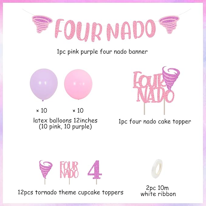 Fournado Birthday Party Decorations for Girls Tornado 4th Birthday Party Supplies with Four Nado Banner Cake Cupcake Toppers for Girls Tornado Bday Party Decors