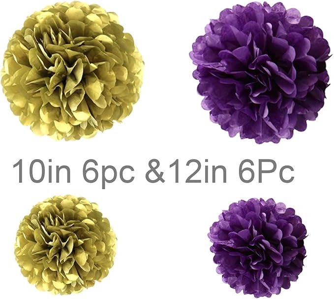 Purple and Gold Tissue Paper Pom Poms Hanging Tissue Flowers Poms Decorations Pack of 12 for Wedding, Birthday,Party Backdrop Decor ect. (12", 10",Tissue Paper Flowers)
