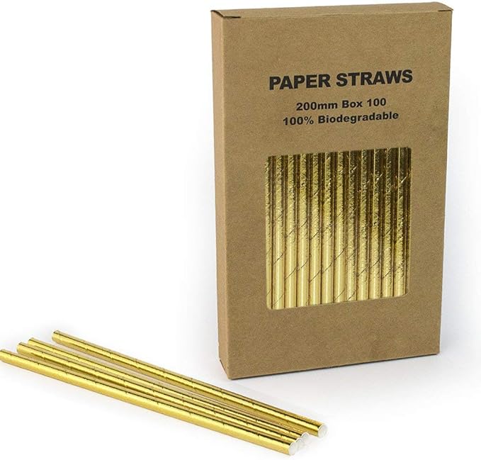 Plain Gold Foil Paper Straws Bulk, Shiny Metallic Pure Solid All Golden Paper Drinking Straws for Wedding 1st Birthday Party Holiday Christmas Anniversary New Year, Cake Pop Sticks (Gold Foil, 100)