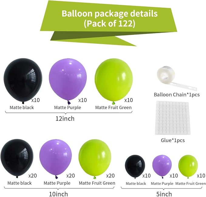Lime Green Purple Black Balloon Garland Kit, 122PCS Black Purple Fruit Green Party Balloons for Birthday Video Game Anniversary Wedding Engagement Anniversary Graduation Racing Car Party Decorations