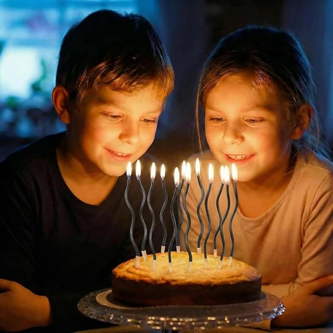 12-Count Spiral Birthday Candles, Long Twisty Party Candles with Candle Holders, Long Burning for Weddings, Birthdays, Party Decorations, Cupcakes, Anniversary and Meetups (Black)