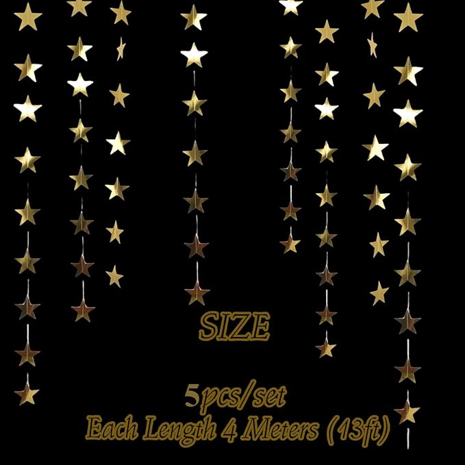 65Feet Gold Star Garland Banner Hanging Birthday Graduation Party Decorations- Golden Double Side Twinkle Paper Stars Streamers Backdrop for Prom Classroom Welcome Home Ceiling Decor, 5Pack