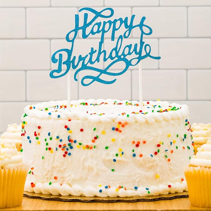 Restaurantware Top Cake 6 X 6 Inch Cake Toppers 10 Happy Birthday Cake Topper Inserts - Durable With Glitter Detail Blue Paper Cake Decoration Birthday Baby Shower Wedding Supplies