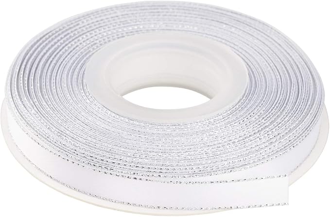 3/8" Double Face Satin Ribbon with Silver Edge 25 Yards (029-White), Set for Gift Wrapping, Party Decor, Wedding and Craft