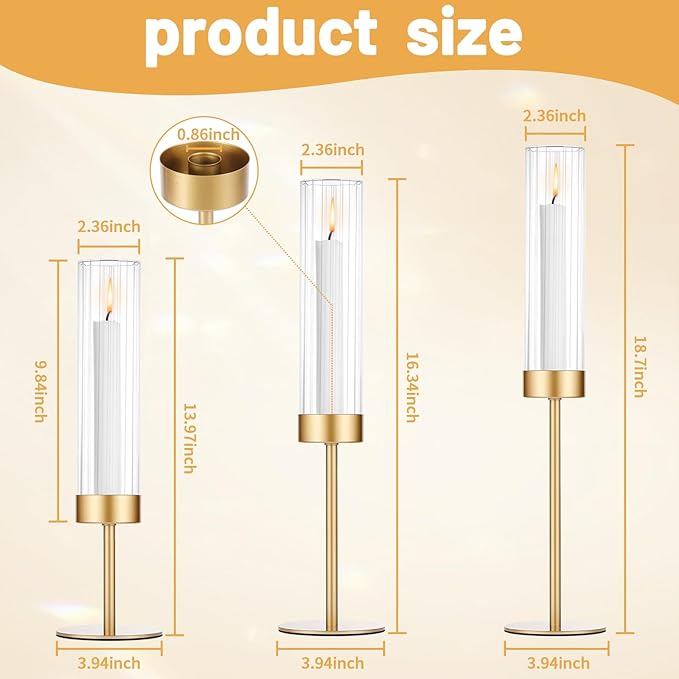 POKINE Tall Hurricane Candle Holders Set of 6, Gold Glass Taper Candlestick Holders for Wedding, Christmas, Dining Table, Party & Home Decor