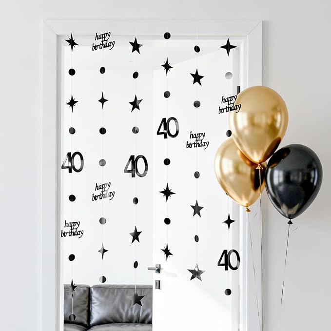 GCQQ Black 40th Birthday Decorations - 14M/46FT Mirror Star Garlands with Happy Birthday Number 40 Hanging Paper Streamer Banner 4 Packs Women Mens Dirty 40 Year Old Backdrop for Him & She