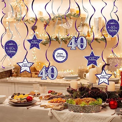 Happy 40th Birthday Purple & Silver Glitter Swirls Streamers Party Decorations - 15 Pcs 40th Birthday Hanging Swirls Streamers Kit,Perfect for 40th Bday Party Sign.
