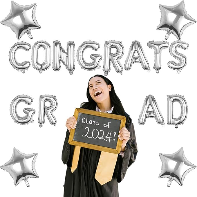 CONGRATS GRAD Silver Balloon Gift Set - Perfect Graduation Gift - Complete 19-Piece Party Kit with 16ā Letters + 18" Stars - Ready-to-Give Celebration Package 2026