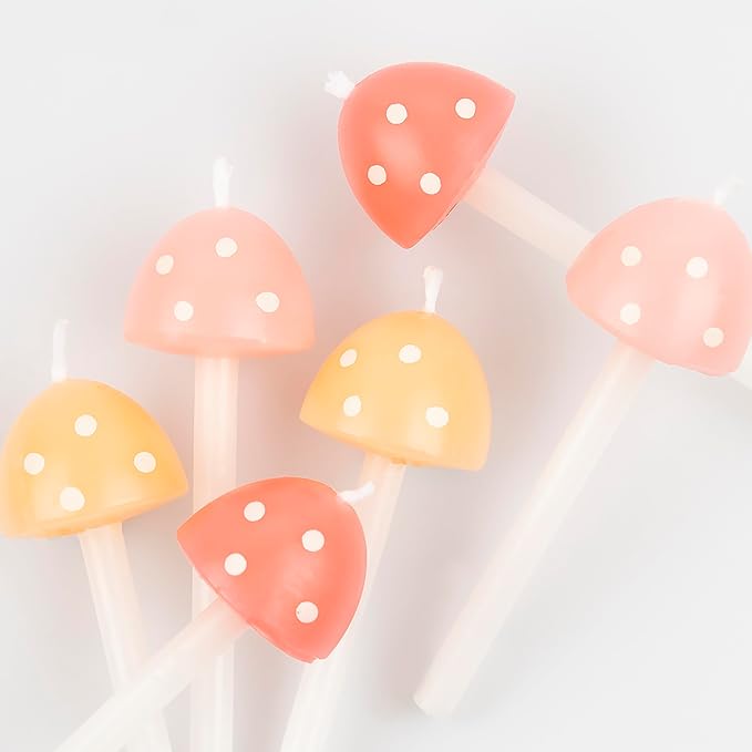 Meri Meri Mushroom Birthday Candles (Pack of 6) - 3D Mushroom Cake Toppers, Pastel Peach and Pink with White Spots, Fairy Party Decorations, Woodland Birthday Candles