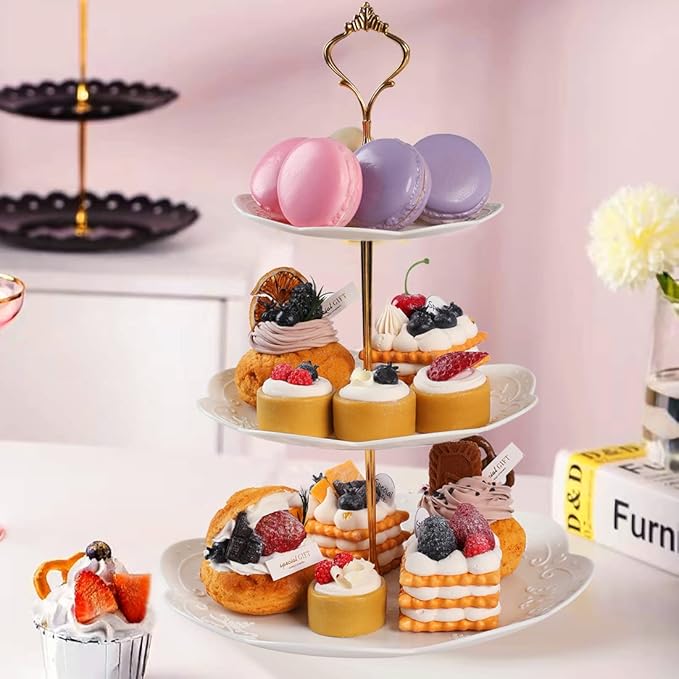 Barelove 3 Tier Plastic Cupcake Stand, Cake Display Tiered Serving Tray, 2 Pack Plastic Dessert Pastry Candy Platter Holder Tower for Wedding, Birthday, Tea Party, Baby Shower Decor (Round, White)