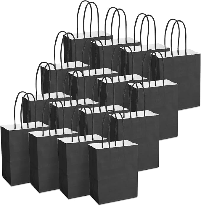 DjinnGlory 60 Pack Tiny Mini Black Paper Gift Party Goodie Bags with Handles Bulk 6.3 x 4.7 x 2.75 Inch for Halloween Birthday Favors Treats, DIY Crafts, Small Business Merchandise Kraft Bags
