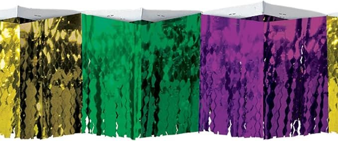 Beistle 2-Ply Metallic Fringe Drape, Purple/Green/Yellow Mardis Gras Hanging Decorations for Windows, Tables, & Walls, Indoor & Outdoor, 2" x 12'