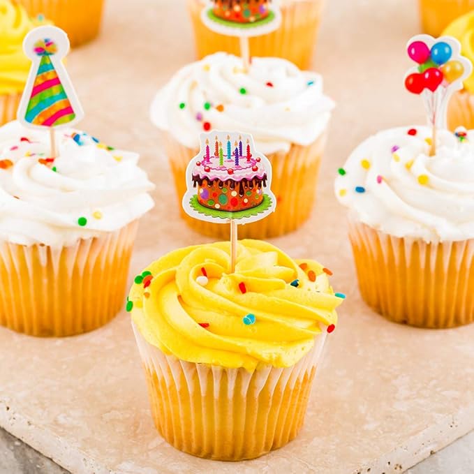 Restaurantware-Top Cake 3.5 x 1.3 Inch Birthday Cupcake Toppers, 24 Piece Assorted Birthday Cupcake Decorations - Cake Decoration Supplies, For Appetizers Or Desserts, Paper Birthday Cupcake Picks