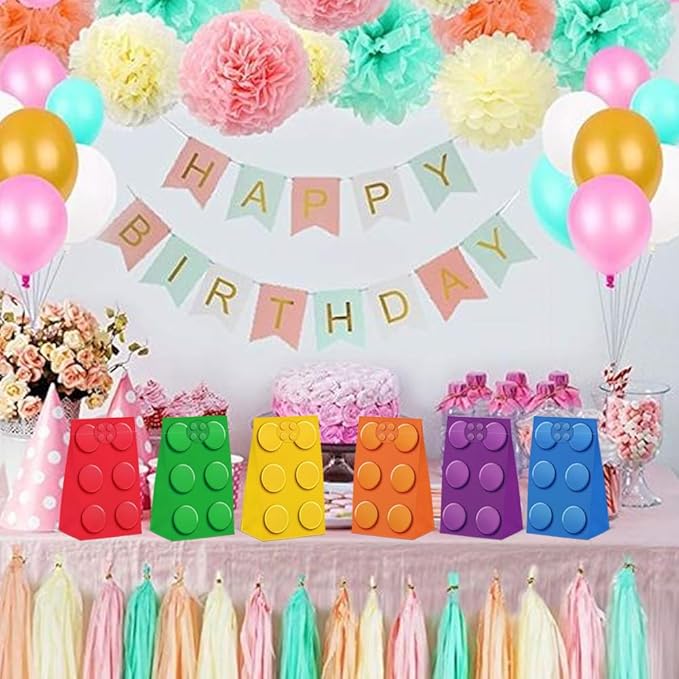 24 Pcs Colorful Building Block Theme Party Favor Bag with Stickers, Building Block Party Decorations Paper Bag Party Goodie Bags For Birthday Party Supplies