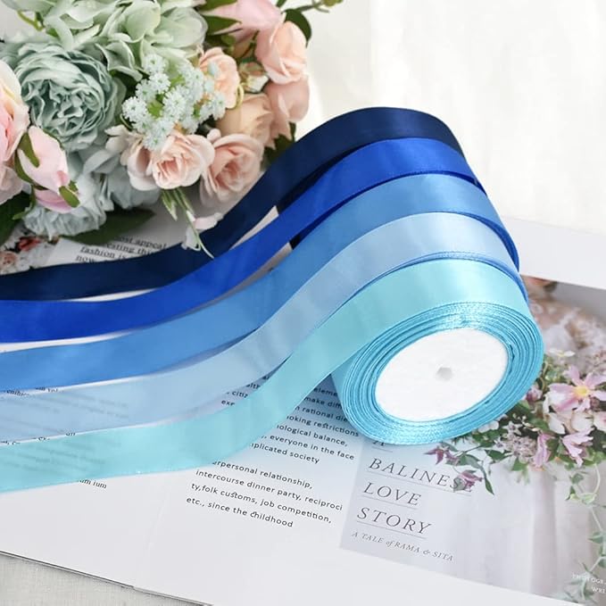 TONIFUL 1 Inch Blue Satin Ribbon Rolls, 5 Rolls 125 Yards Mixed Blue Color Ribbon Set for Gift Wrapping Embellish Wedding Birthday Baby Shower Bow Making Floral Craft Sewing Party Decor(25 Yd/Roll)