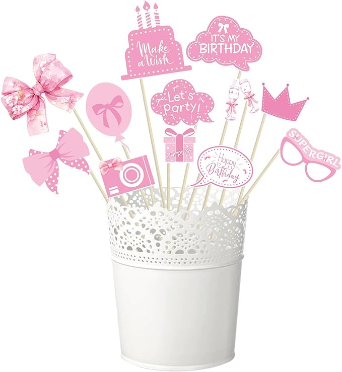 Pink Bow Party Decorations Photo Booth Props Signs,25pcs Pink Bow Birthday Decorations Selfie Props with Sticks for Women Coquette Birthday Decorations Supplies Decor Favors