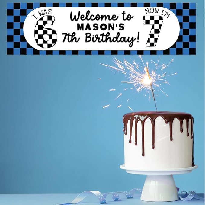 Andaz Press 13x48 Inch Custom 6 7 Birthday Banner Decorations, Personalized Birthday Banner with Custom Name, Blue Checkered Theme 67 Happy Birthday Party Banner for Boys, Home or Party Décor