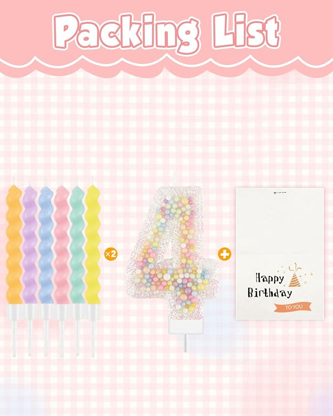 Birthday Candles for Cake, Pink Number Candles, Cake Candles with Greeting Card for Birthday Party Wedding Anniversary Celebrations(4 Candle,White Number Macaron)