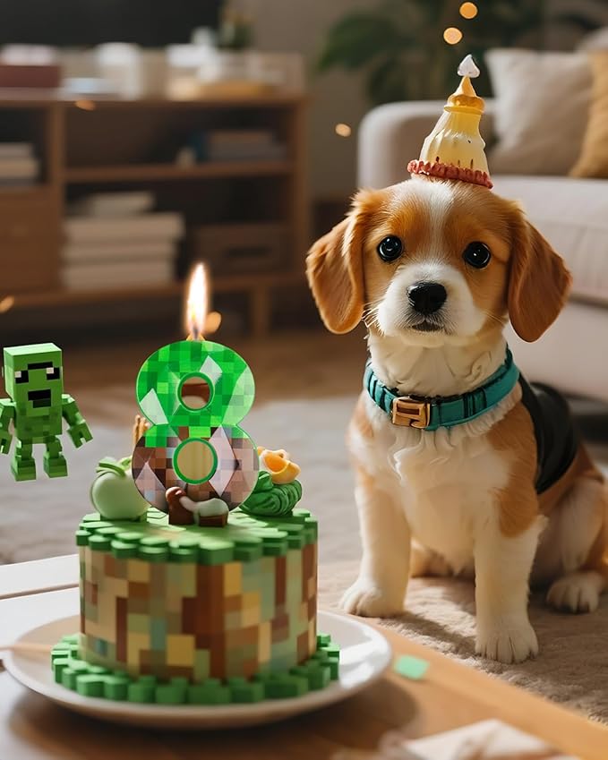 Pixel Birthday Candle, 2.68 Inch Miner Number Candles, Game Themed Candle Birthday Decoration for Pixel Theme Birthday Anniversary Dynamite Video Game Party (Green, 8)