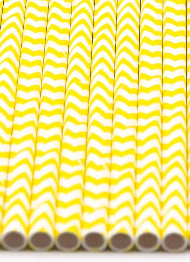 Pack of 150 Yellow Chevron Biodegradable 4-Ply Paper Drinking Straws (Compostable, Non-toxic, BPA-free)