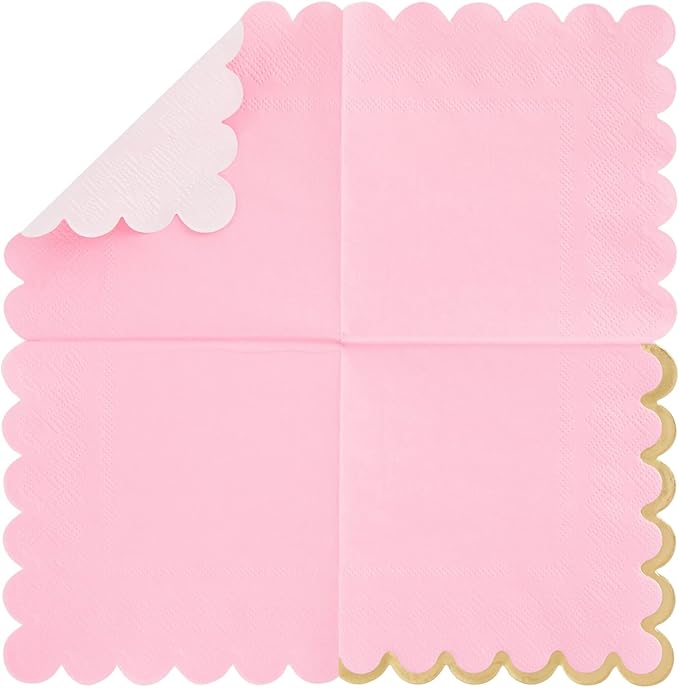 Sparkle and Bash Pink Cocktail Napkins - 5 x 5 In, 100 Count, 3-Ply Scalloped, Pink & Gold - Napkins for Baby Girl & Bridal Showers & Birthday Parties