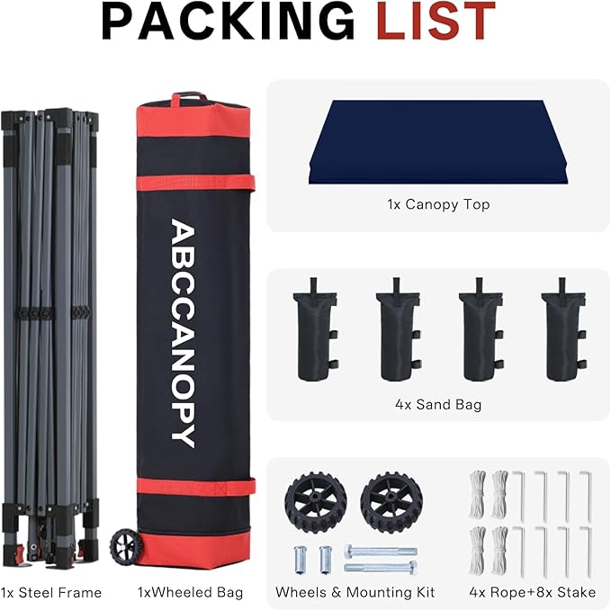 ABCCANOPY 10x10 Pop Up Canopy Tent, Easy Setup Instant Shelter with Wheeled Bag, Heavy Duty Outdoor Canopy for Beach, Market, Backyard, UV Protection, Outdoor Weather Protection (Navy Blue, 10x10)