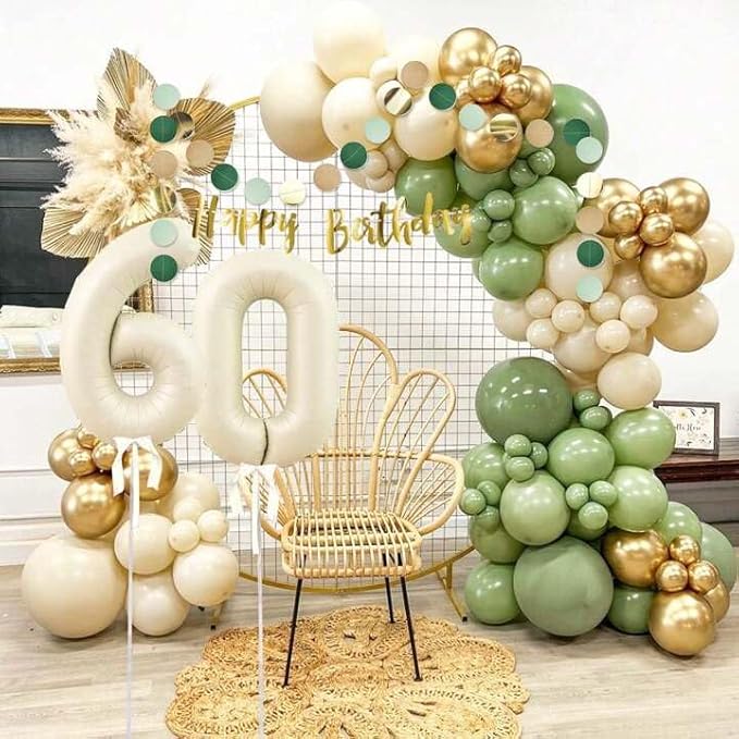 Sage Green Gold Balloon Arch Kit, Sage Green Sand White Beige Metallic Gold Balloons Garland Kit for Bridal Shower Birthday Wedding Jungle Safari Party Decor...