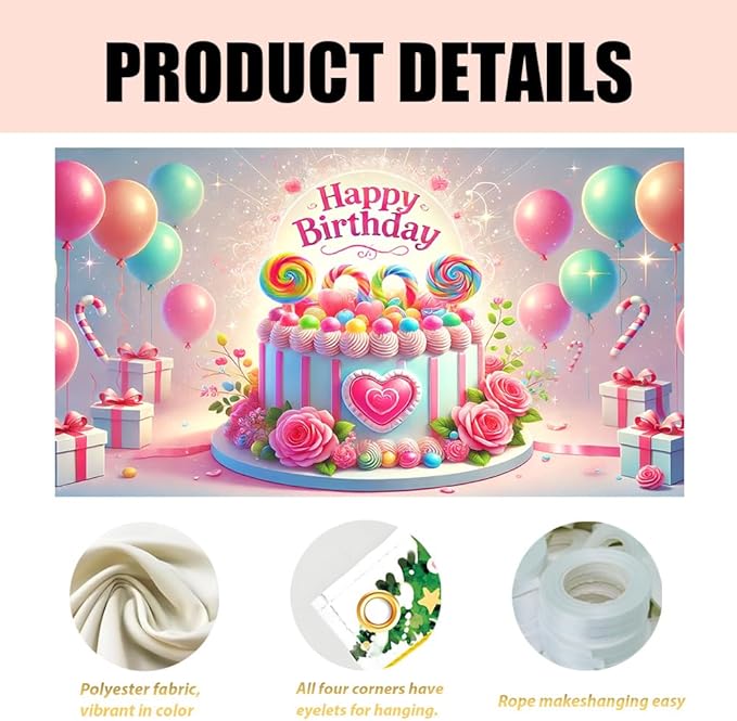 Happy Birthday Cake Decoration Banner 71x43 Inch, Pink and Gold Balloons Theme, Ideal for Cake Photoshoots, Birthday Parties, and Event Decorations