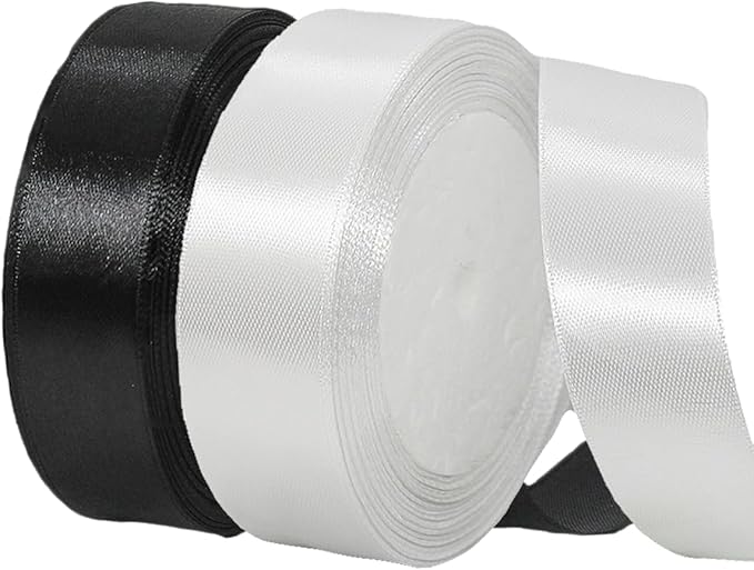 2 Rolls Black White Ribbon, 1 Inch 50 Yards Black White Satin Fabric Ribbon for Wedding Party, Gift Wrapping, Baby Shower, Flower Bouquets, DIY Crafts, Birthday Cakes and Christmas Decorations