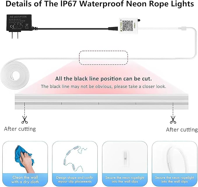 SILFU Neon Rope Lights, 20FT RGB LED Strip Lights, Waterproof IP67 LED Lights for Bedroom, DIY Design, Music Sync, 44 Key Remote Control, Multiple Modes for Bedroom, Holiday Decoration