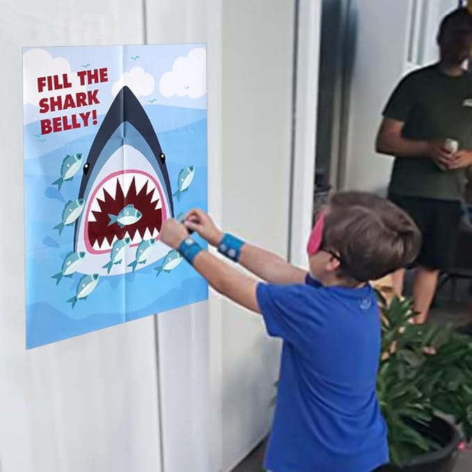 PARTYLOUD Shark Party Games, Pin The Fish on The Shark, Shark Party Games Party Birthday Party Fun Games Supplies Decorations Decor for Kids Families Adult Groups