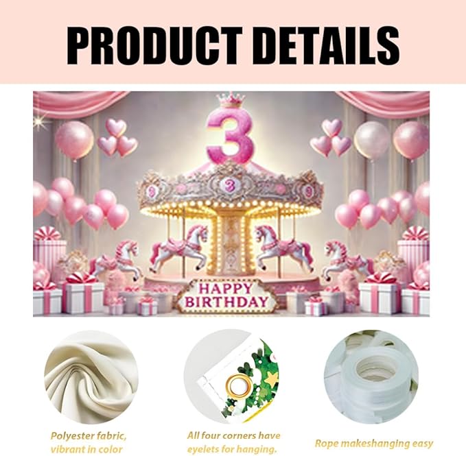 1PC 79x47 Inch Pink Carousel 3rd Birthday Party Backdrop Banner with Happy Birthday Text Balloons and Gift Boxes for Girls Birthday Celebration Indoor Outdoor Wall Door Porch Decoration