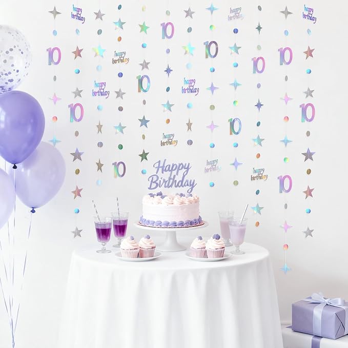 GCQQ 10th Birthday Decorations - 46FT Iridescent 10 year old Circle Dot Twinkle Star Garland 10th Birthday Metallic Holographic Streamer Banner Backdrop for Girls Boys Teen Kids Birthday Party Decor