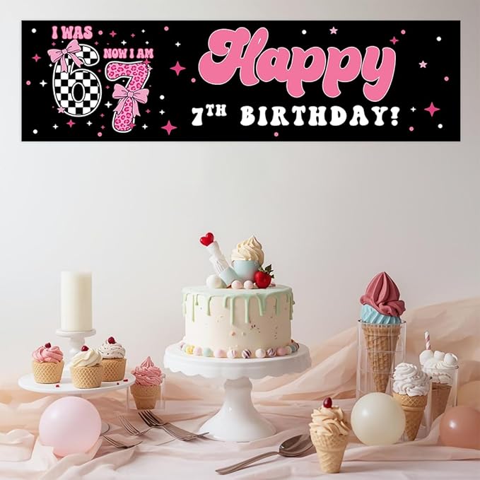 Andaz Press 13x48 Inch 6 7 Birthday Banner Decorations, I Was 6 Now I Am 7 Birthday Banner Coquette Pink Bow 67 Happy Birthday Party Banner for Girls, Home or Party Decor Backdrop Sign with Adhesive